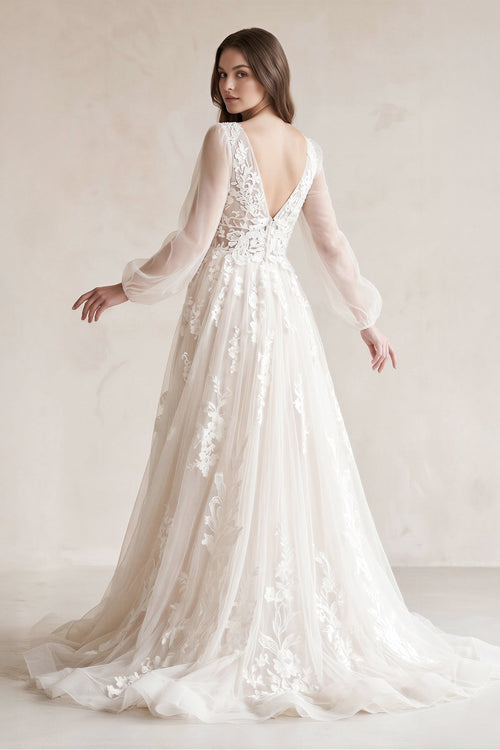 Robe de mariée blanc longue col V manches longues en tulle - Harana
