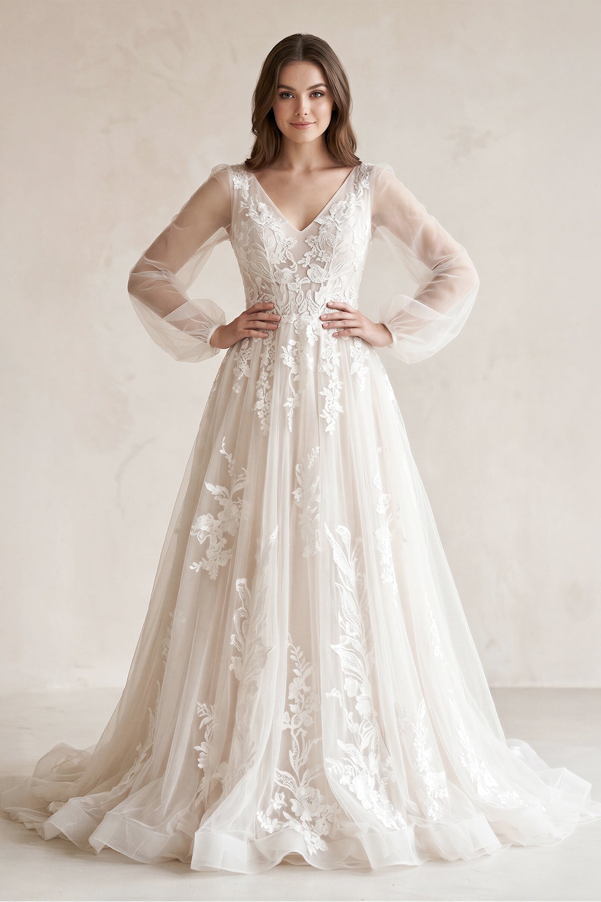 Robe de mariée blanc longue col V manches longues en tulle - Harana