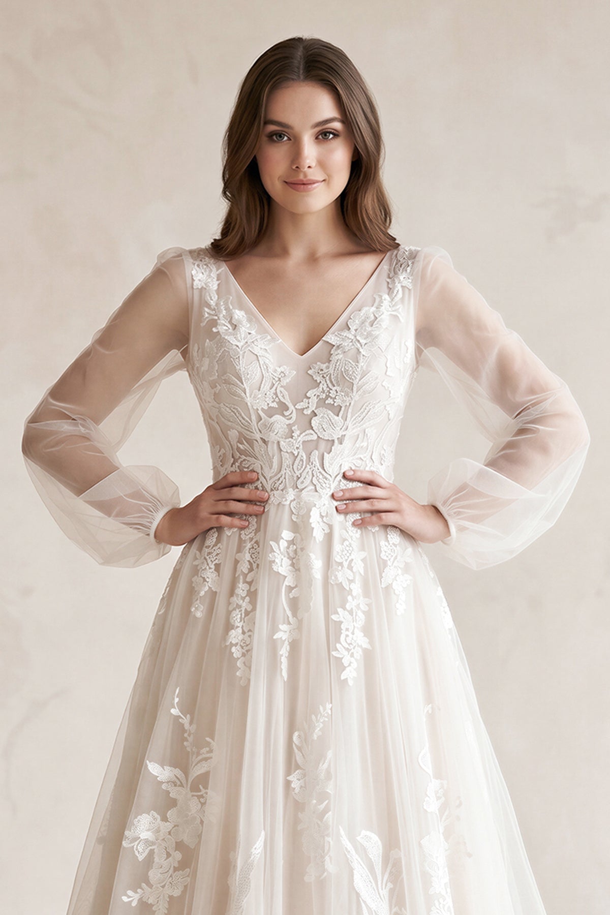 Robe de mariée blanc longue col V manches longues en tulle - Harana