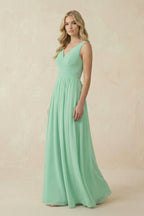 Robe demoiselle d’honneur pale pistachio longue col V sans manches avec fente - Harana