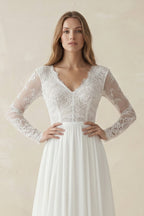 Robe de mariée blanche trapèze mousseline col V manches longues - Harana