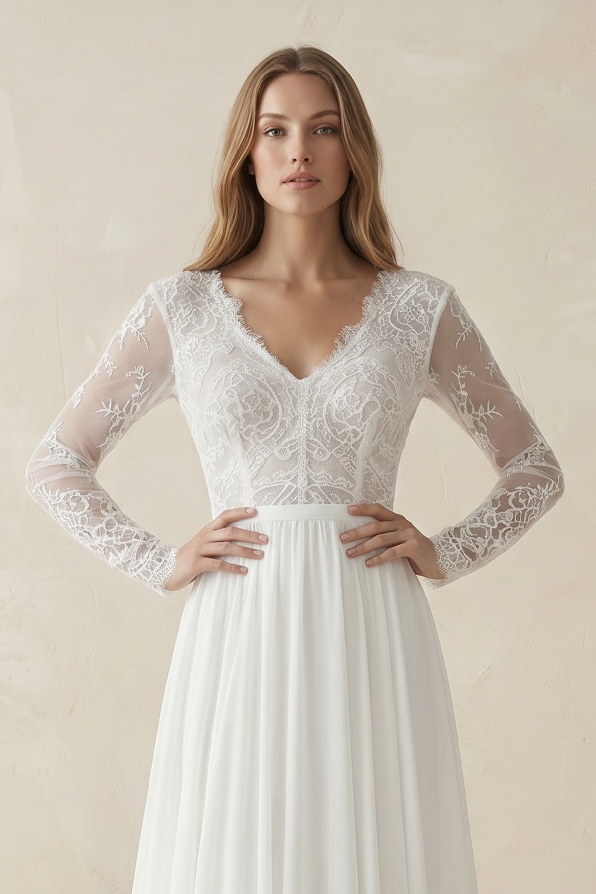 Robe de mariée blanche trapèze mousseline col V manches longues - Harana