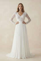 Robe de mariée blanche trapèze mousseline col V manches longues - Harana