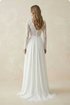 Robe de mariée blanche trapèze mousseline col V manches longues - Harana