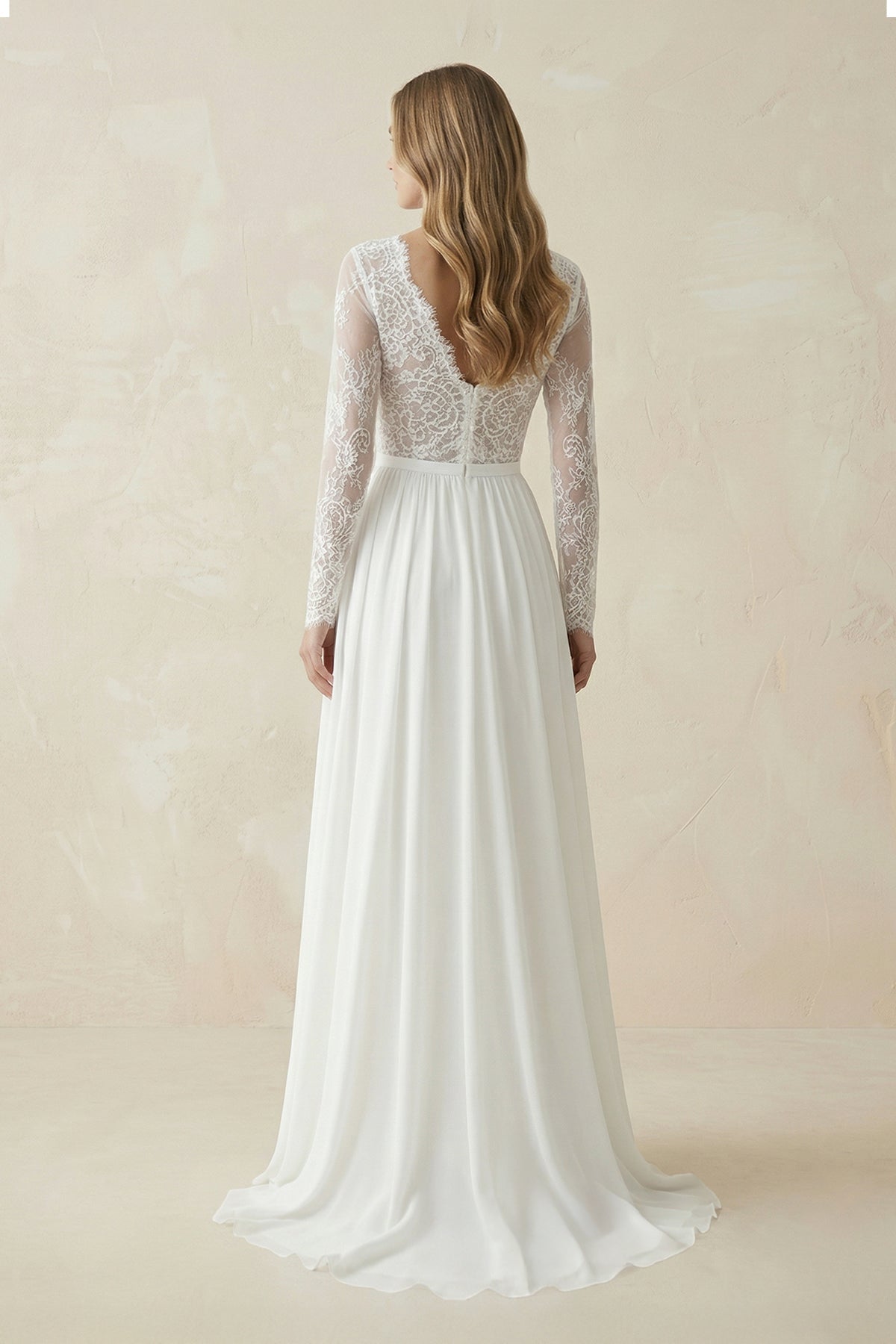 Robe de mariée blanche trapèze mousseline col V manches longues - Harana