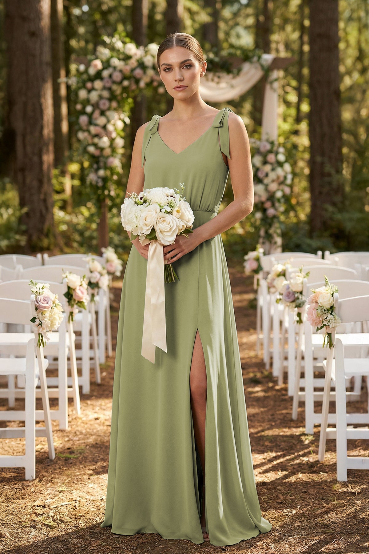 Robe demoiselle d’honneur moss green longue col V sans manches avec fente - Harana
