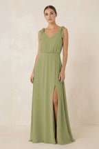 Robe demoiselle d’honneur moss green longue col V sans manches avec fente - Harana