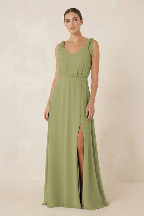 Robe de demoiselle d’honneur vert mousse longue en mousseline coupe trapèze à col V - Harana