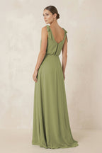 Robe demoiselle d’honneur moss green longue col V sans manches avec fente - Harana