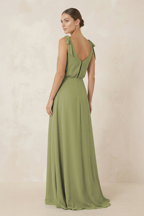 Robe de demoiselle d’honneur vert mousse longue en mousseline coupe trapèze à col V - Harana