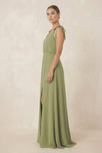 Robe demoiselle d’honneur moss green longue col V sans manches avec fente - Harana