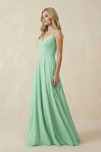 Robe demoiselle d’honneur pale pistachio longue col V sans manches froncée - Harana