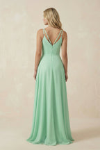 Robe demoiselle d’honneur pale pistachio longue col V sans manches froncée - Harana
