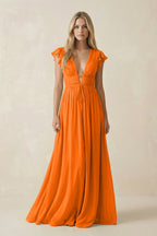 Robe longue orange en mousseline coupe trapèze décolleté V - Harana