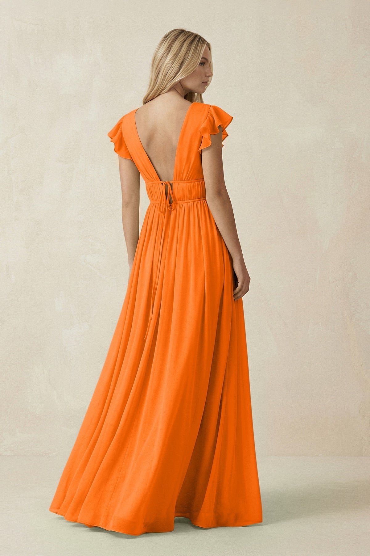 Robe longue orange en mousseline coupe trapèze décolleté V - Harana