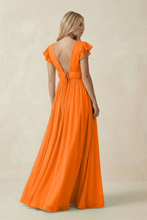 Robe de demoiselle d’honneur orange longue en mousseline coupe trapèze à col V et mancherons - Harana