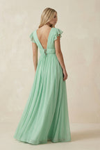 Robe demoiselle d’honneur pale pistachio longue col V effet drapé à volants - Harana