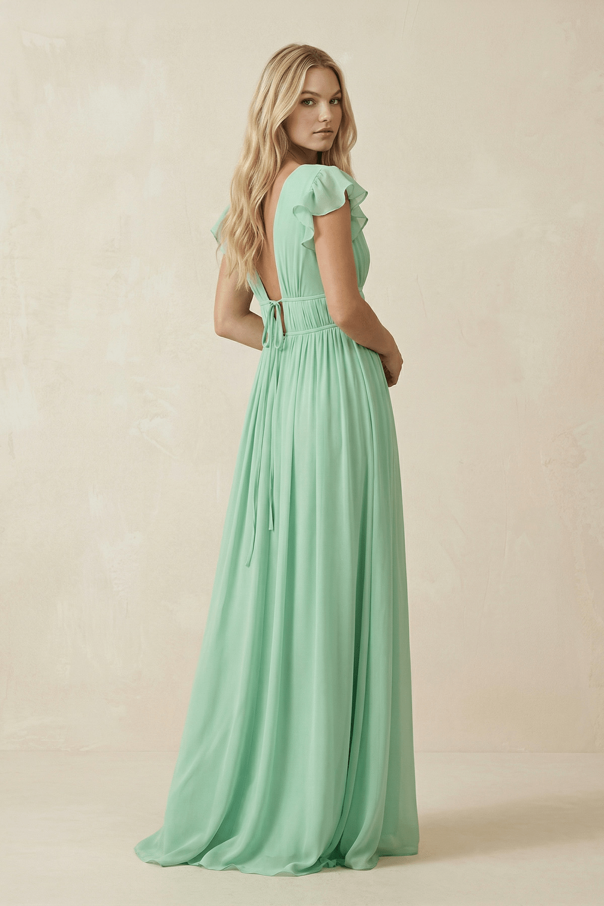 Robe demoiselle d’honneur pale pistachio longue col V effet drapé à volants - Harana