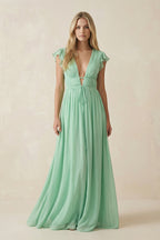 Robe demoiselle d’honneur pale pistachio longue col V effet drapé à volants - Harana