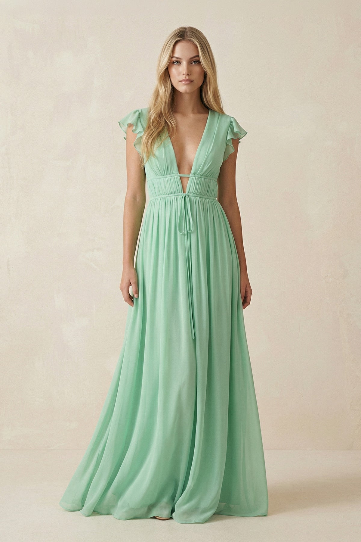 Robe demoiselle d’honneur pale pistachio longue col V effet drapé à volants - Harana
