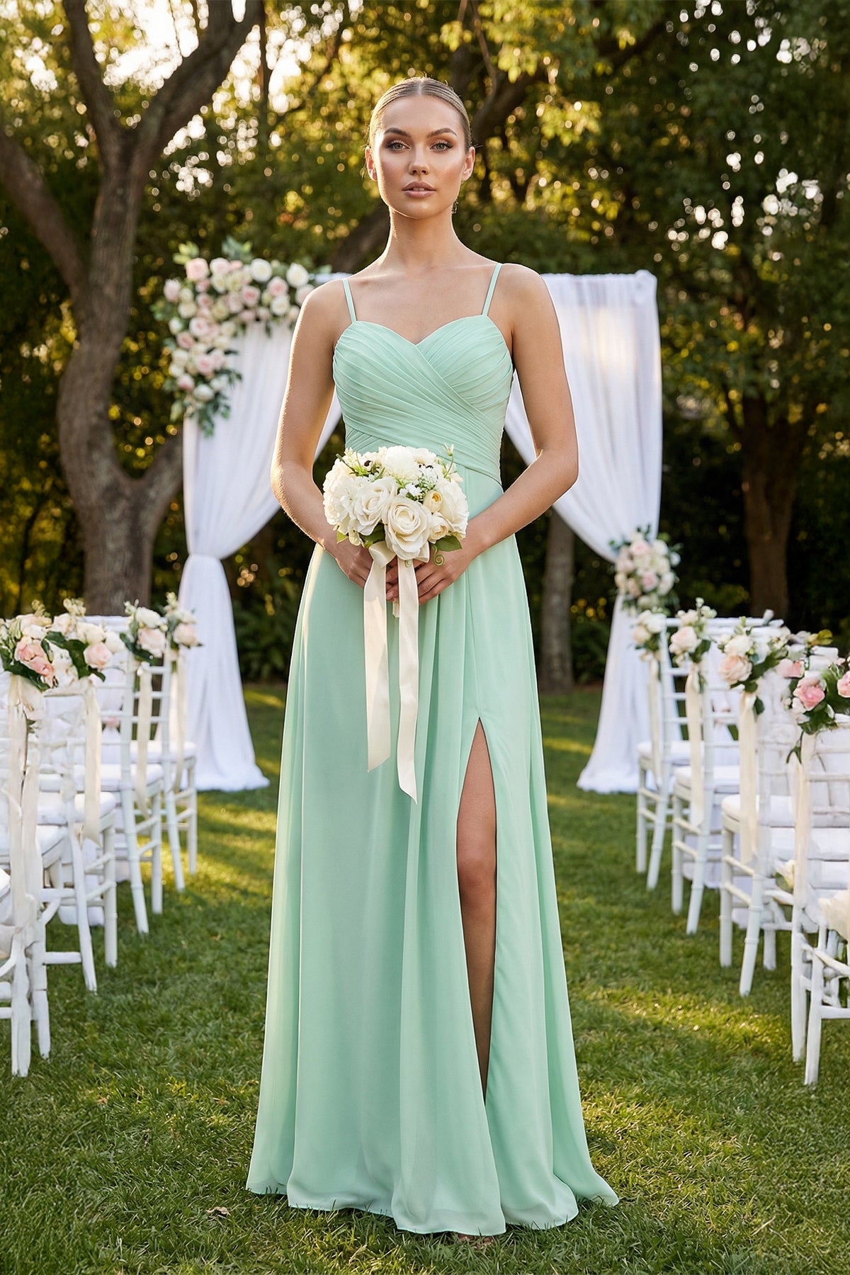 Robe demoiselle d’honneur pale pistachio longue col V sans manches avec fente - Harana