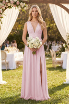 Robe demoiselle d’honneur candy pink longue col V sans manches avec fente - Harana