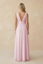 Robe demoiselle d’honneur candy pink longue col V sans manches avec fente - Harana