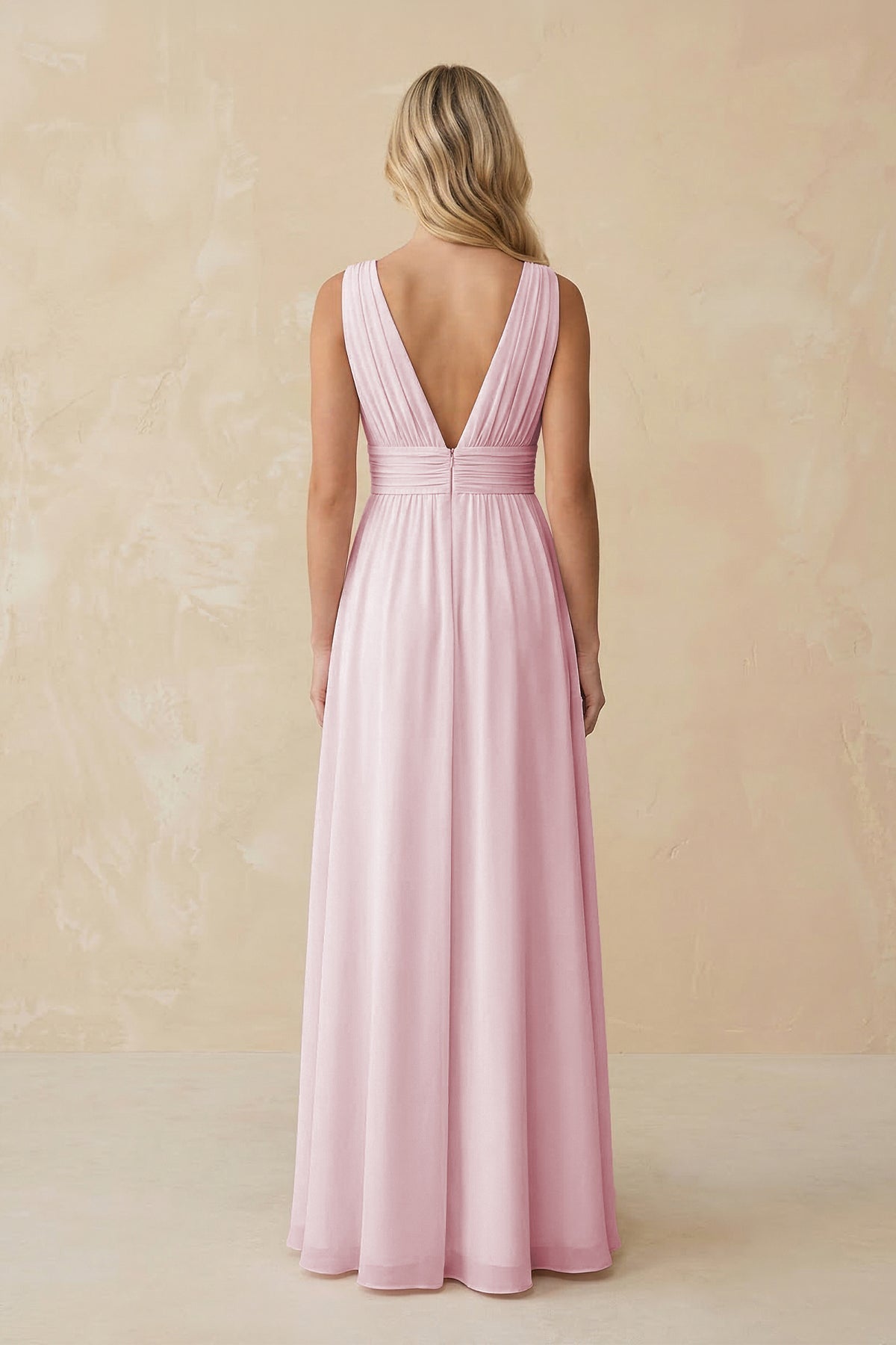 Robe demoiselle d’honneur candy pink longue col V sans manches avec fente - Harana