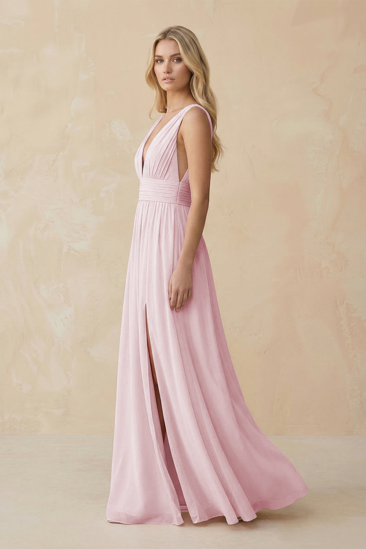 Robe demoiselle d’honneur candy pink longue col V sans manches avec fente - Harana