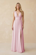 Robe demoiselle d’honneur candy pink longue col V sans manches avec fente - Harana