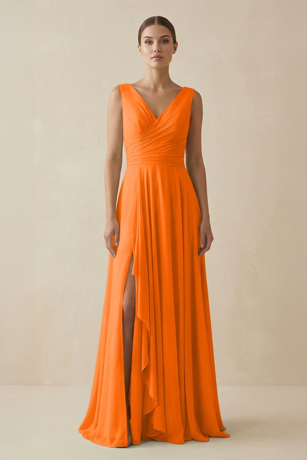Robe longue orange en mousseline coupe trapèze à volants décolleté V - Harana