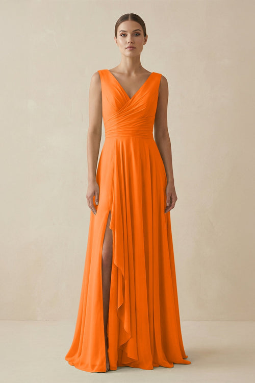 Robe de demoiselle d’honneur orange longue en mousseline coupe trapèze à col V ornée de volants - Harana