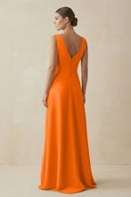 Robe longue orange en mousseline coupe trapèze à volants décolleté V - Harana