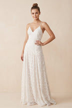 Robe de mariée blanche trapèze en dentelle à col V sans manches - Harana