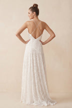 Robe de mariée blanche trapèze en dentelle à col V sans manches - Harana