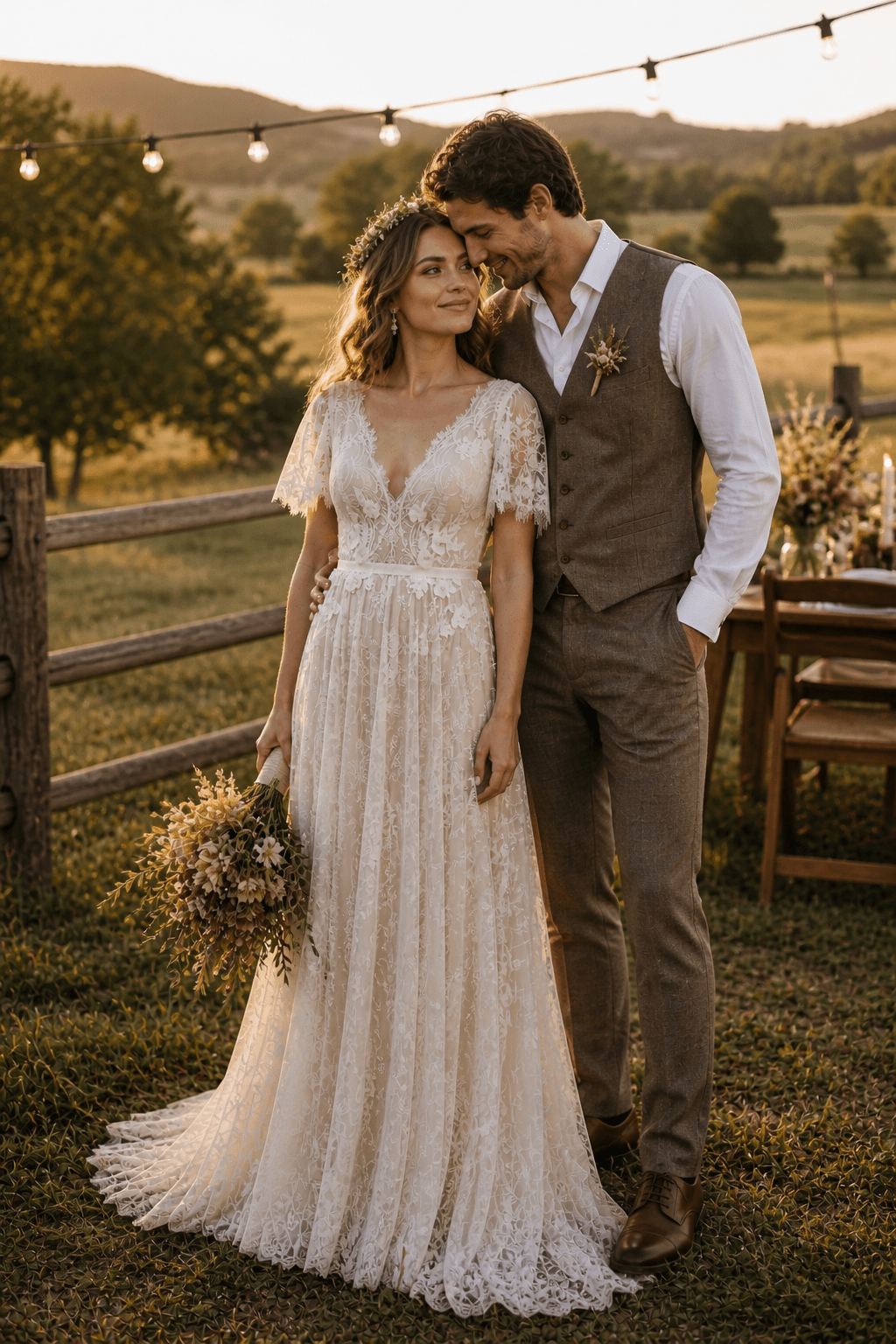 Robe de mariée blanche et nude trapèze en dentelle à col V - Harana