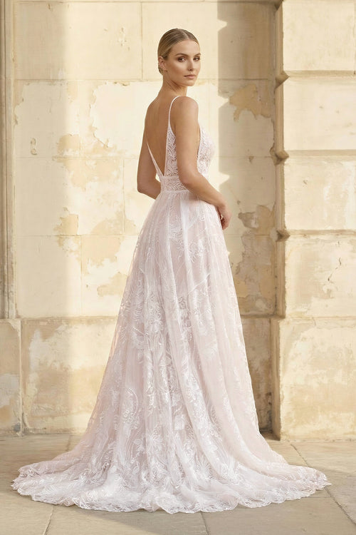 Robe de mariée blanche et nude trapèze en dentelle à col V - Harana