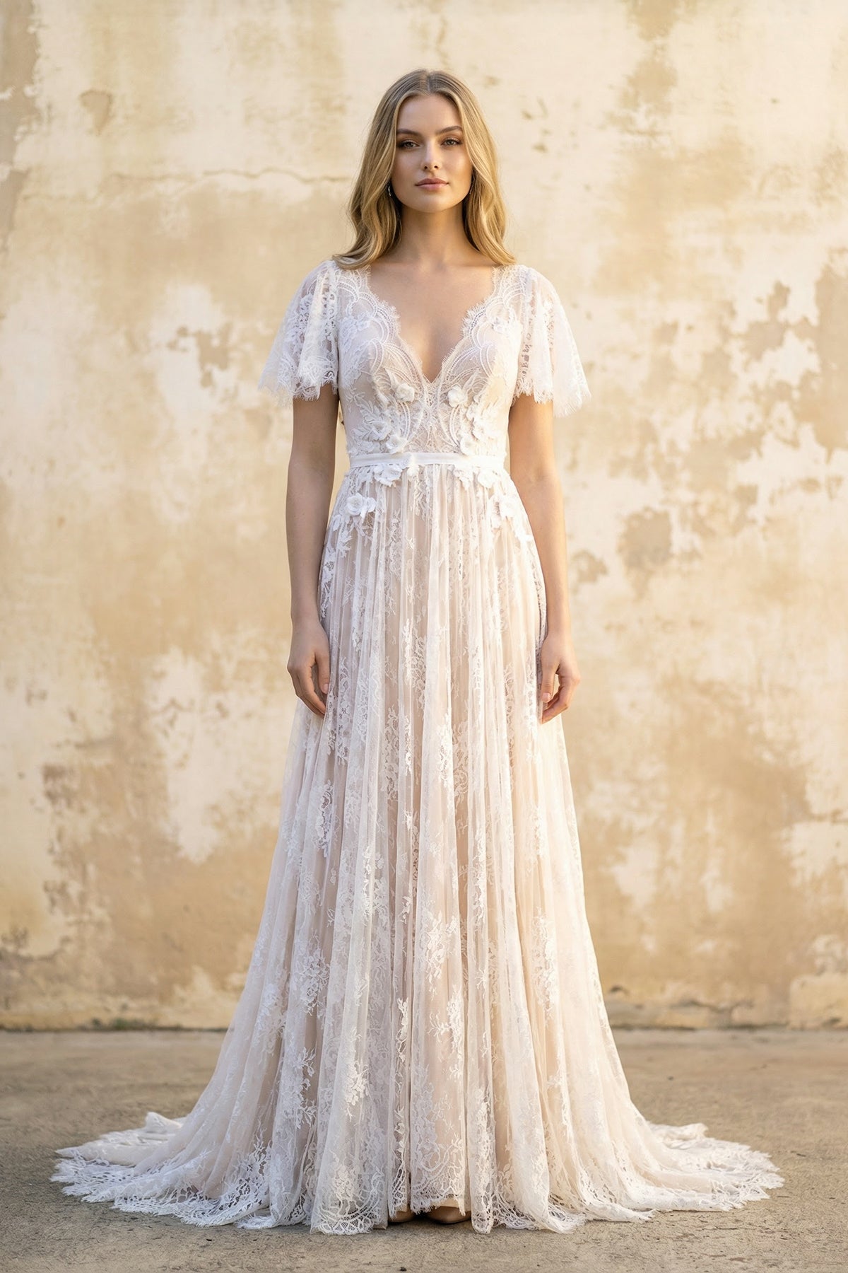 Robe de mariée blanche et nude trapèze en dentelle à col V - Harana