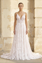 Robe de mariée blanche et nude trapèze en dentelle à col V - Harana