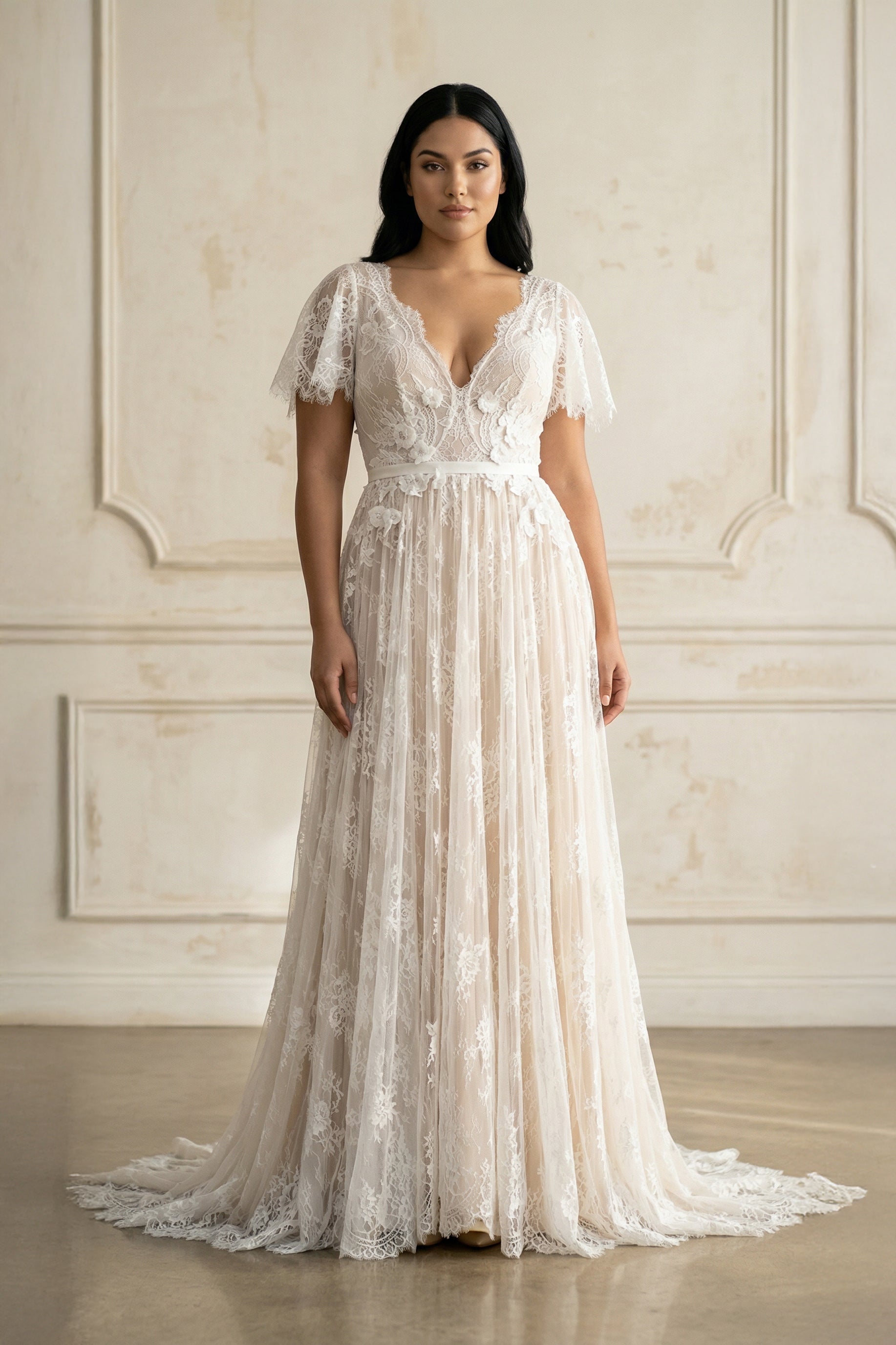 Robe de mariée blanche et nude trapèze en dentelle à col V - Harana