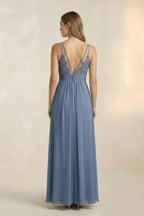 Robe demoiselle d’honneur neptune longue col V sans manches plissée - Harana