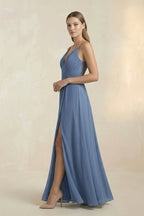Robe demoiselle d’honneur neptune longue col V sans manches plissée - Harana