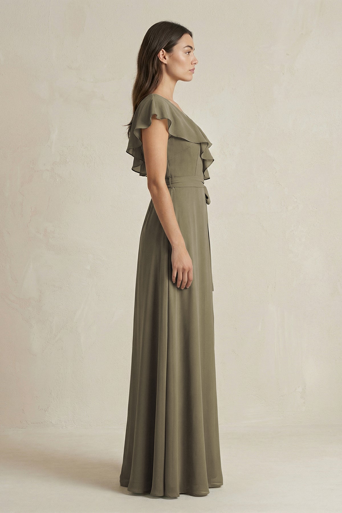 Robe demoiselle d’honneur willow green longue col V manches courtes effet drapé - Harana