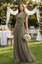 Robe demoiselle d’honneur willow green longue col V manches courtes effet drapé - Harana