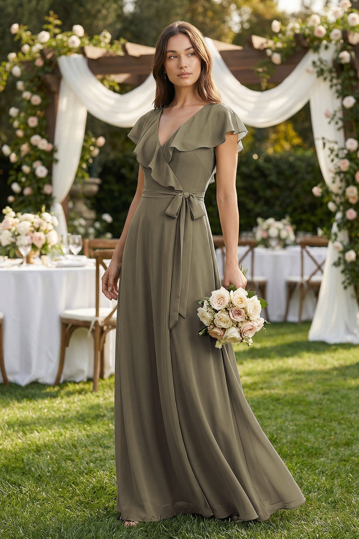 Robe demoiselle d’honneur willow green longue col V manches courtes effet drapé - Harana