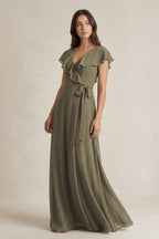 Robe demoiselle d’honneur willow green longue col V manches courtes effet drapé - Harana