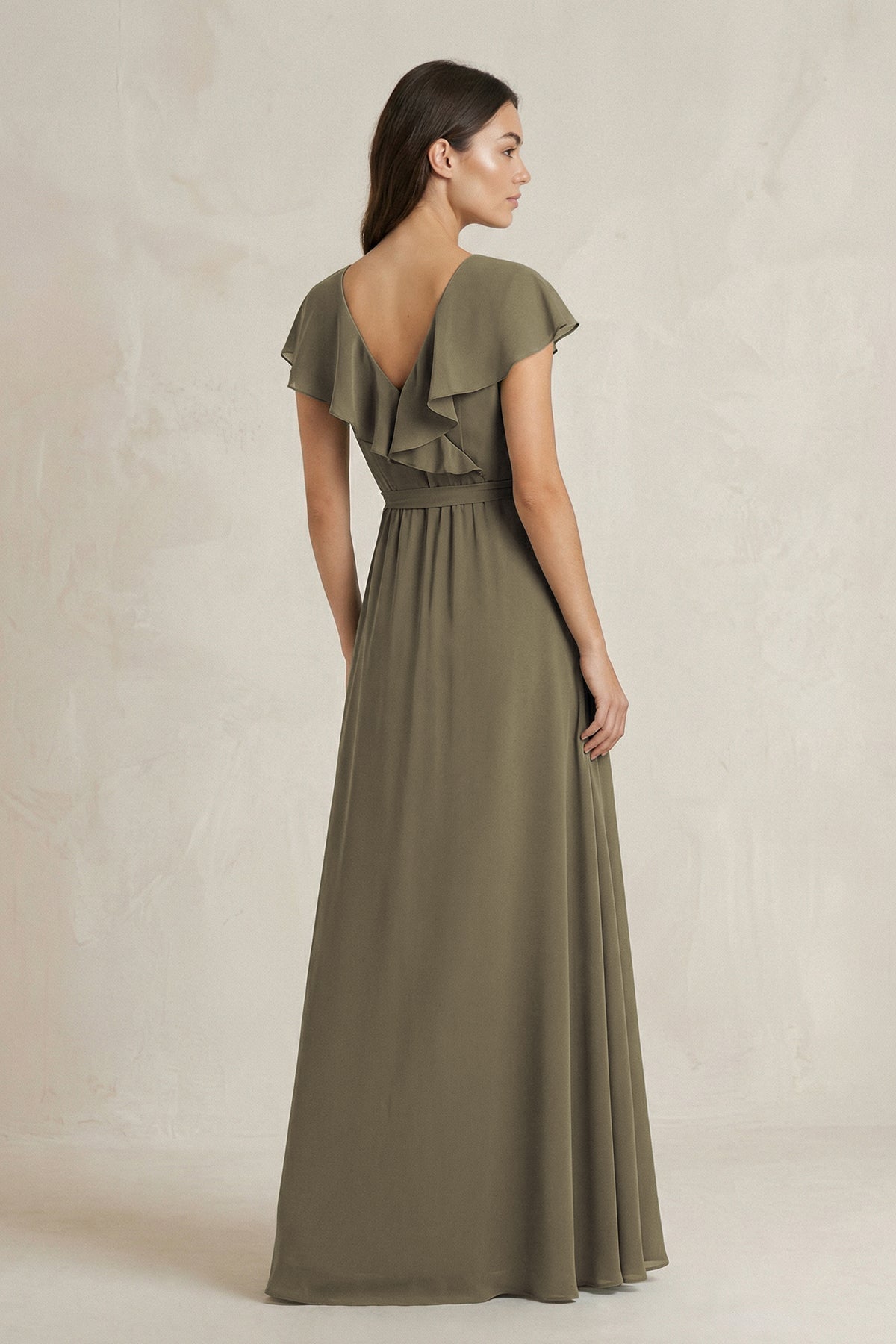 Robe demoiselle d’honneur willow green longue col V manches courtes effet drapé - Harana