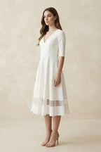Robe de mariée blanche trapèze en satin à col V manches courtes - Harana