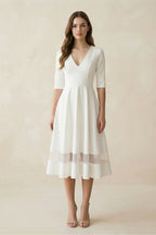 Robe de mariée blanche trapèze en satin à col V manches courtes - Harana
