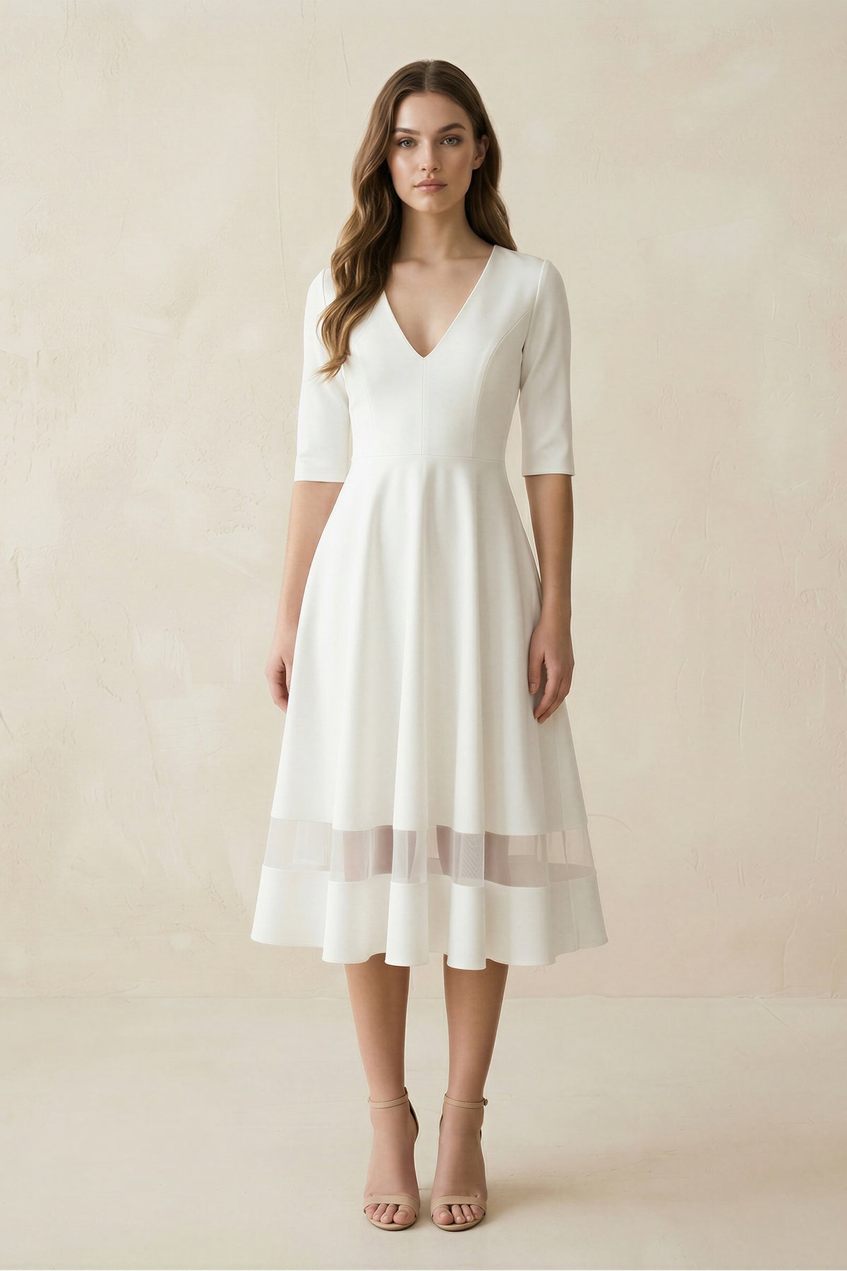 Robe de mariée blanche trapèze en satin à col V manches courtes - Harana